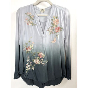 Tiny Floral Embroidered Blue Ombre Top Bohemian Cottagecore Hippie Coastal SP